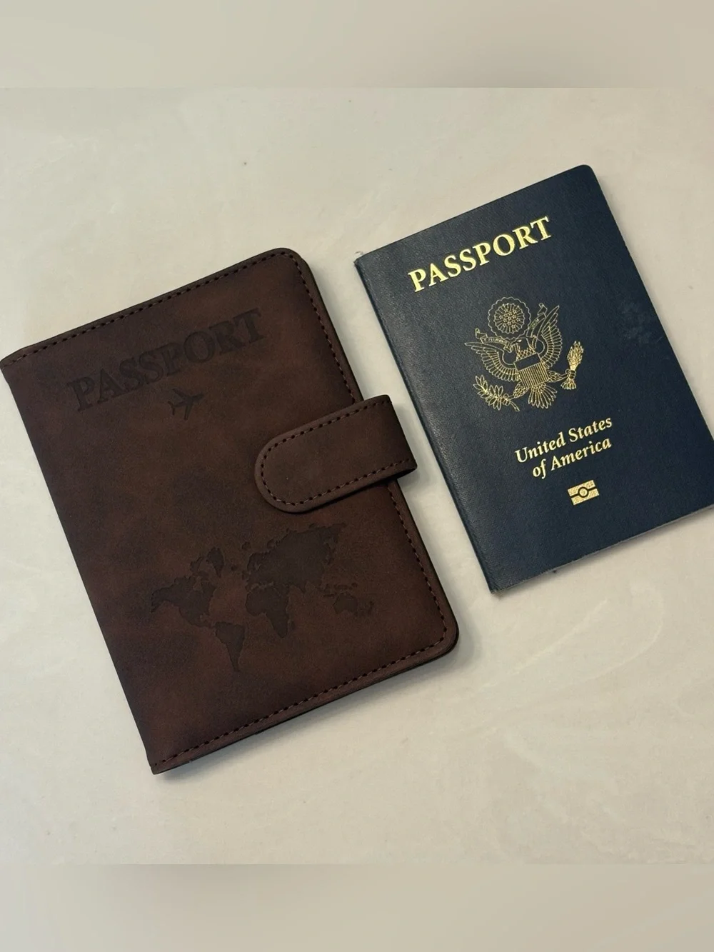 NEW Dark Brown Vegan Leather Slim Passport Holder RFID Blocking Embossed 7 pkt